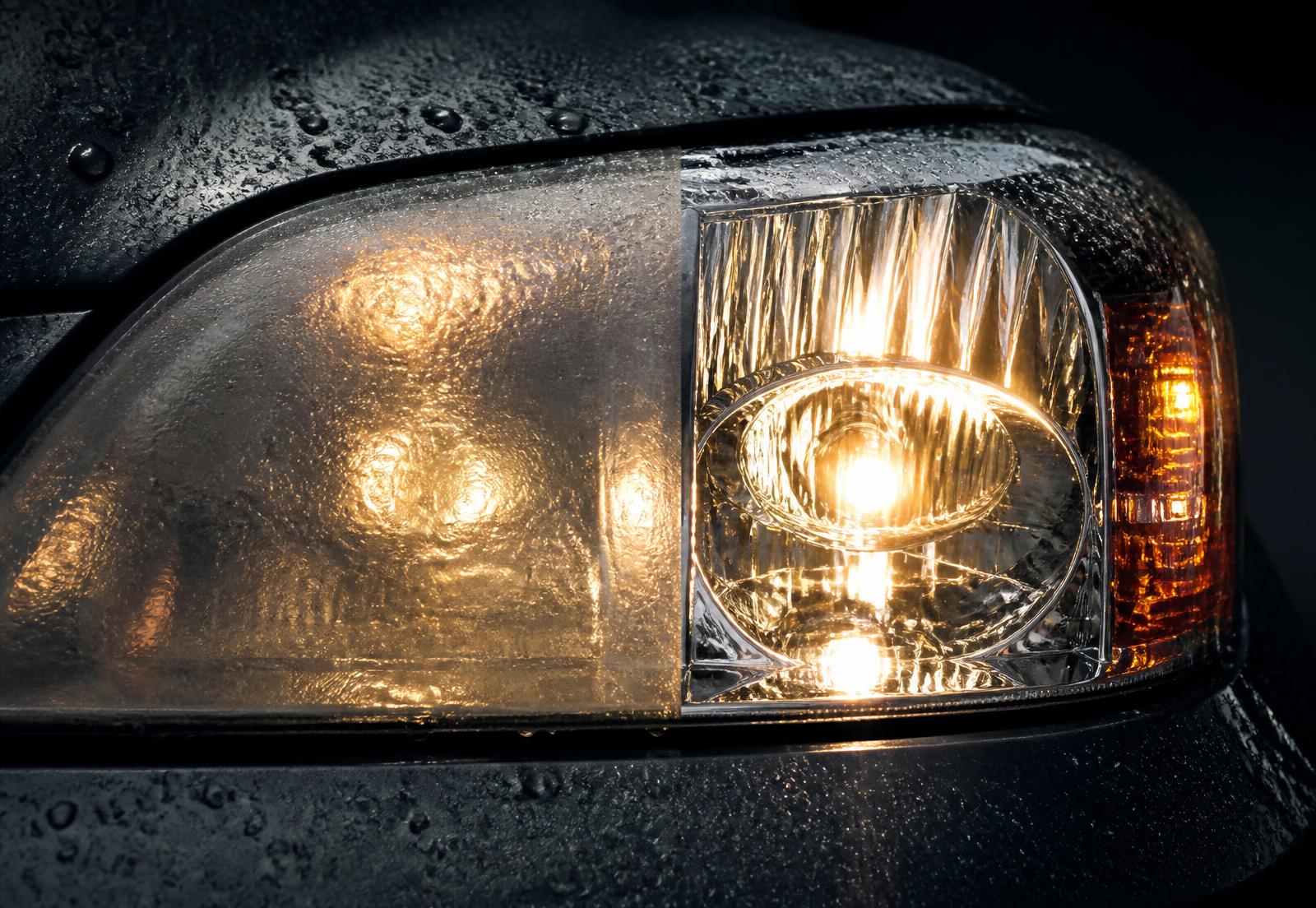 Car headlight, half clouded and half restored to clear